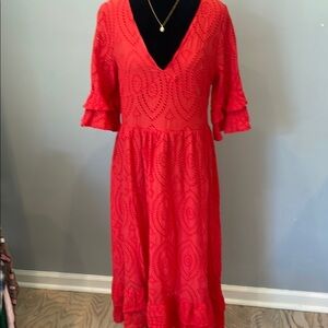 Red eyelet Dress with ruffled sleeves